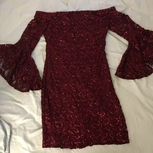 Junior’s Off-the -Shoulder Sequined Lace Dress